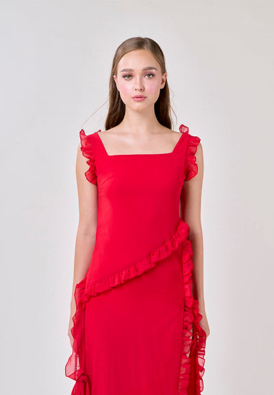 Emberleigh Vampire Red Front Slit Ruffles Midi Dress