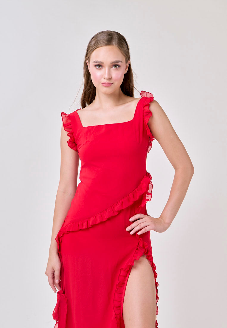 Emberleigh Vampire Red Front Slit Ruffles Midi Dress