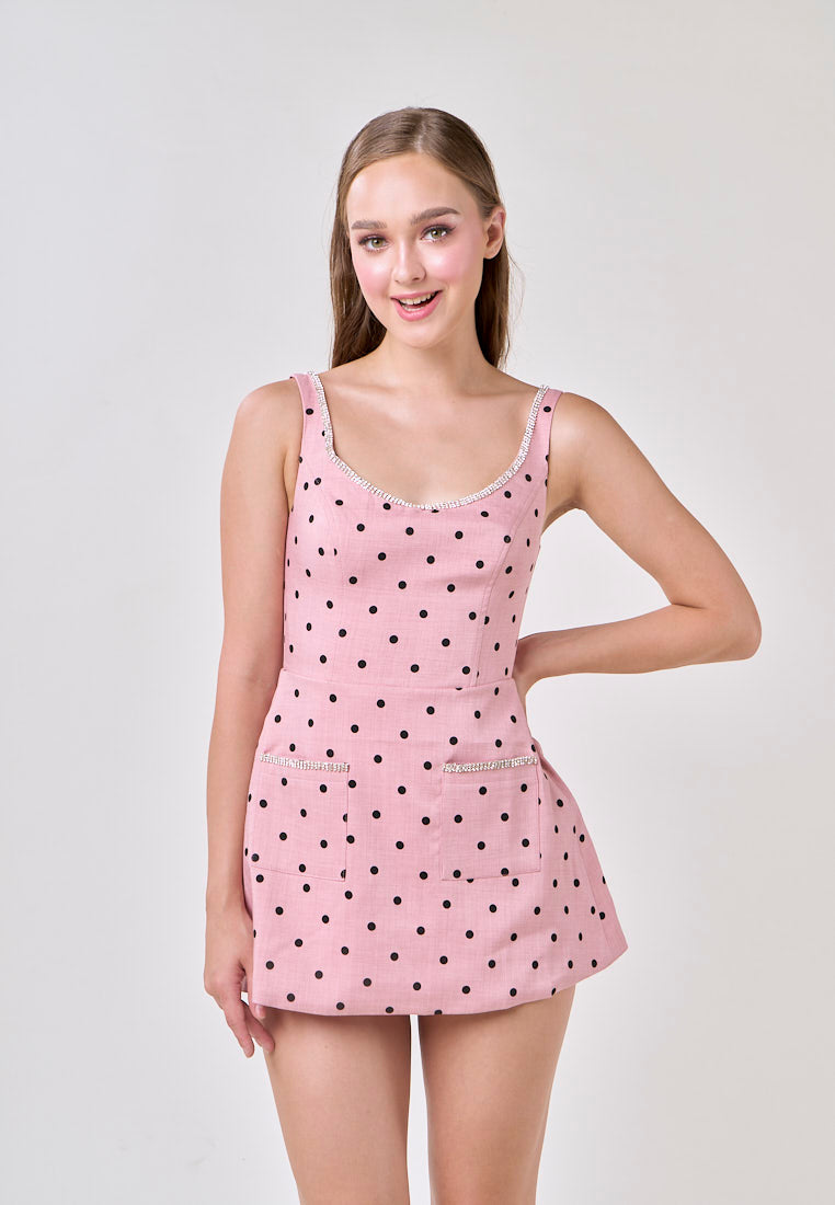 Mckenna Pink Sleeveless Polka Dot With Front Pocket Mini Dress