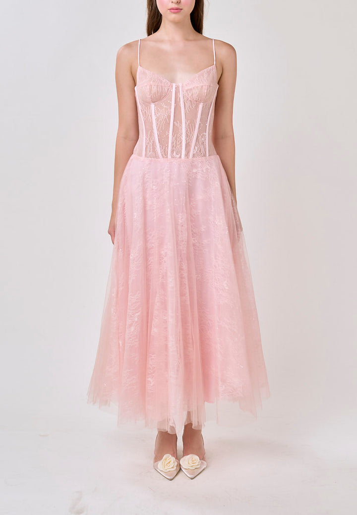 Audree Cherry Pink Sleeveless Tulle Lace Maxi Dress