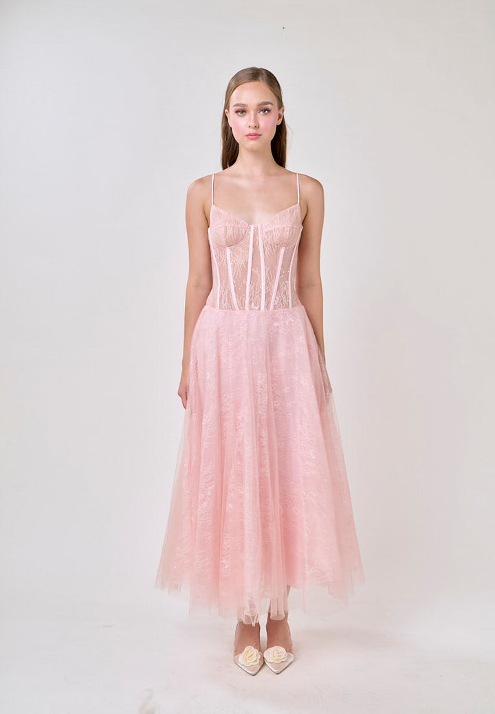 Audree Cherry Pink Sleeveless Tulle Lace Maxi Dress