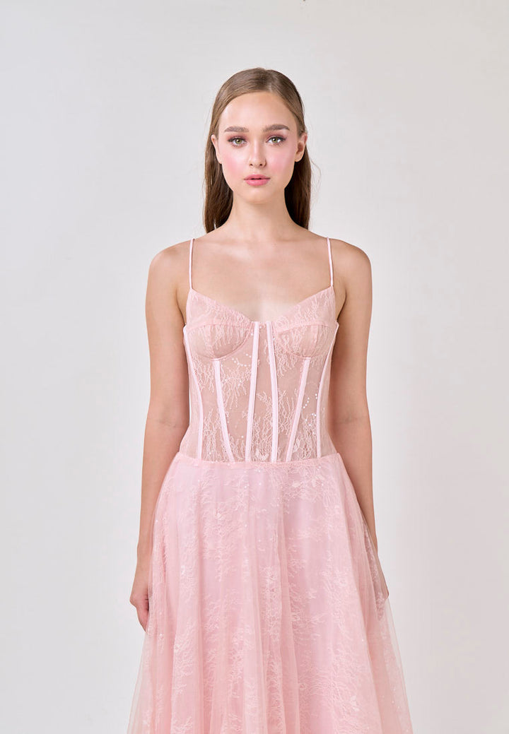 Audree Cherry Pink Sleeveless Tulle Lace Maxi Dress