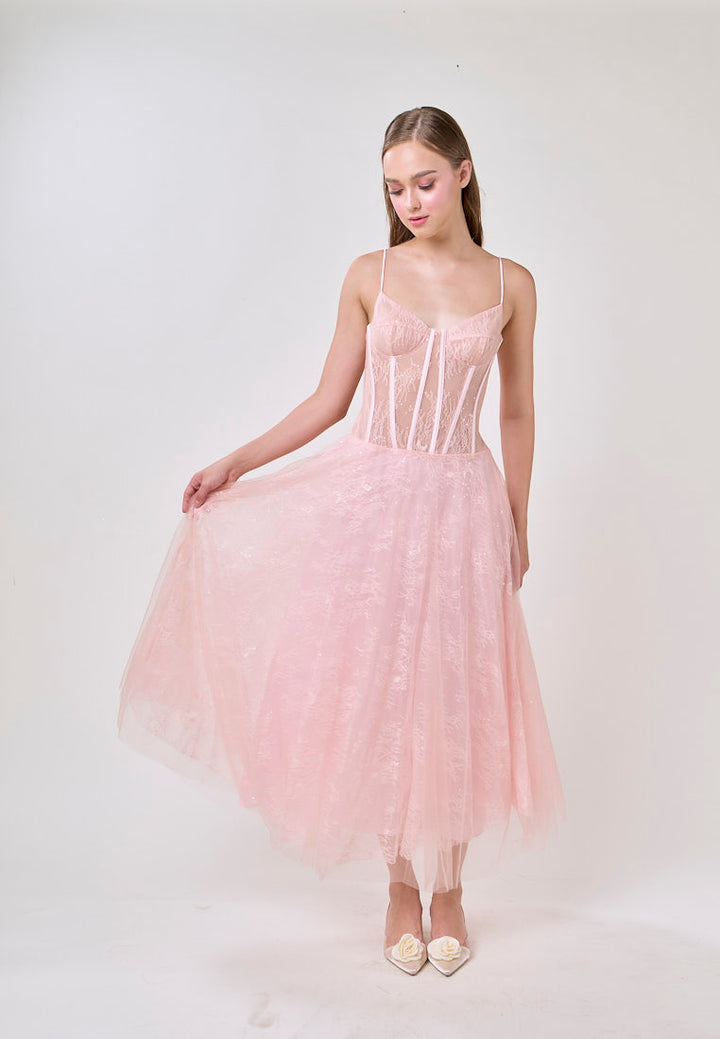 Audree Cherry Pink Sleeveless Tulle Lace Maxi Dress