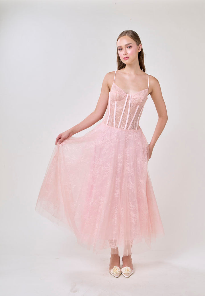 Audree Cherry Pink Sleeveless Tulle Lace Maxi Dress