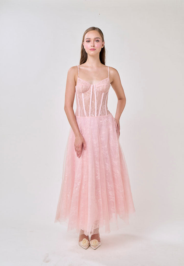 Audree Cherry Pink Sleeveless Tulle Lace Maxi Dress