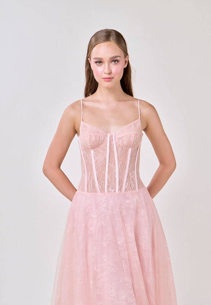 Audree Cherry Pink Sleeveless Tulle Lace Maxi Dress
