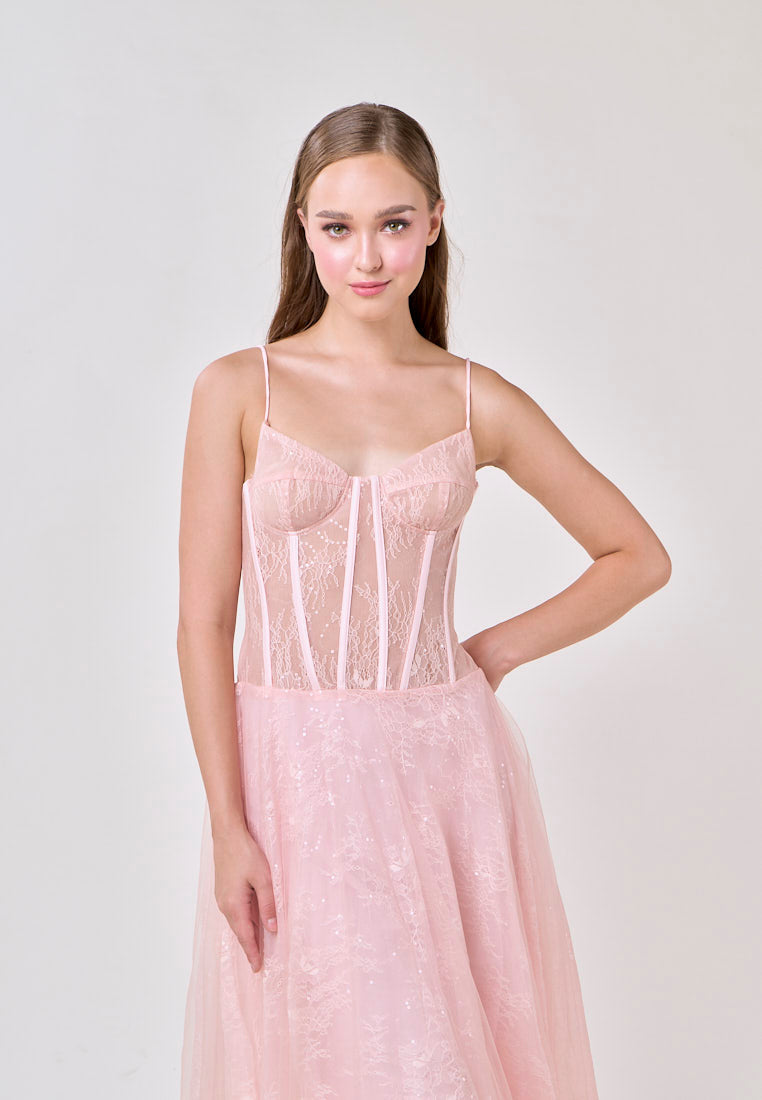 Audree Cherry Pink Sleeveless Tulle Lace Maxi Dress