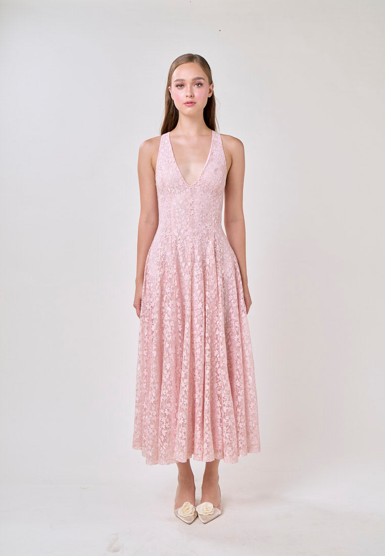 Heidi Soft Pink Deep V-Neck French Lace Maxi Dress