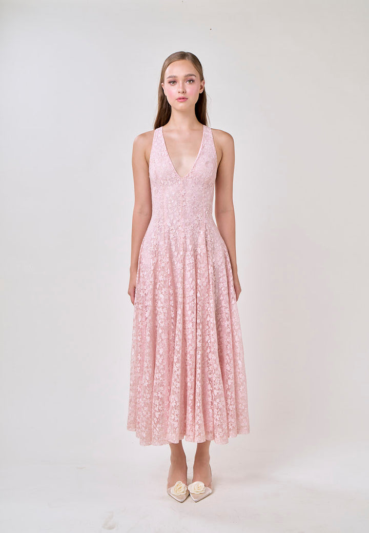 Heidi Soft Pink Deep V-Neck French Lace Maxi Dress