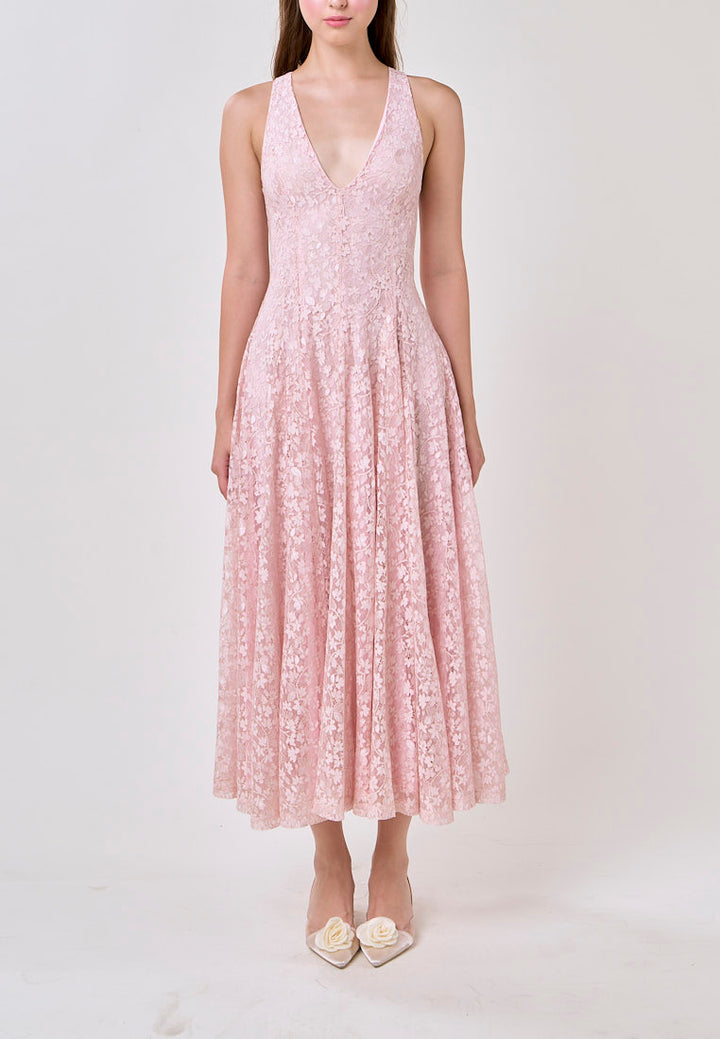 Heidi Soft Pink Deep V-Neck French Lace Maxi Dress
