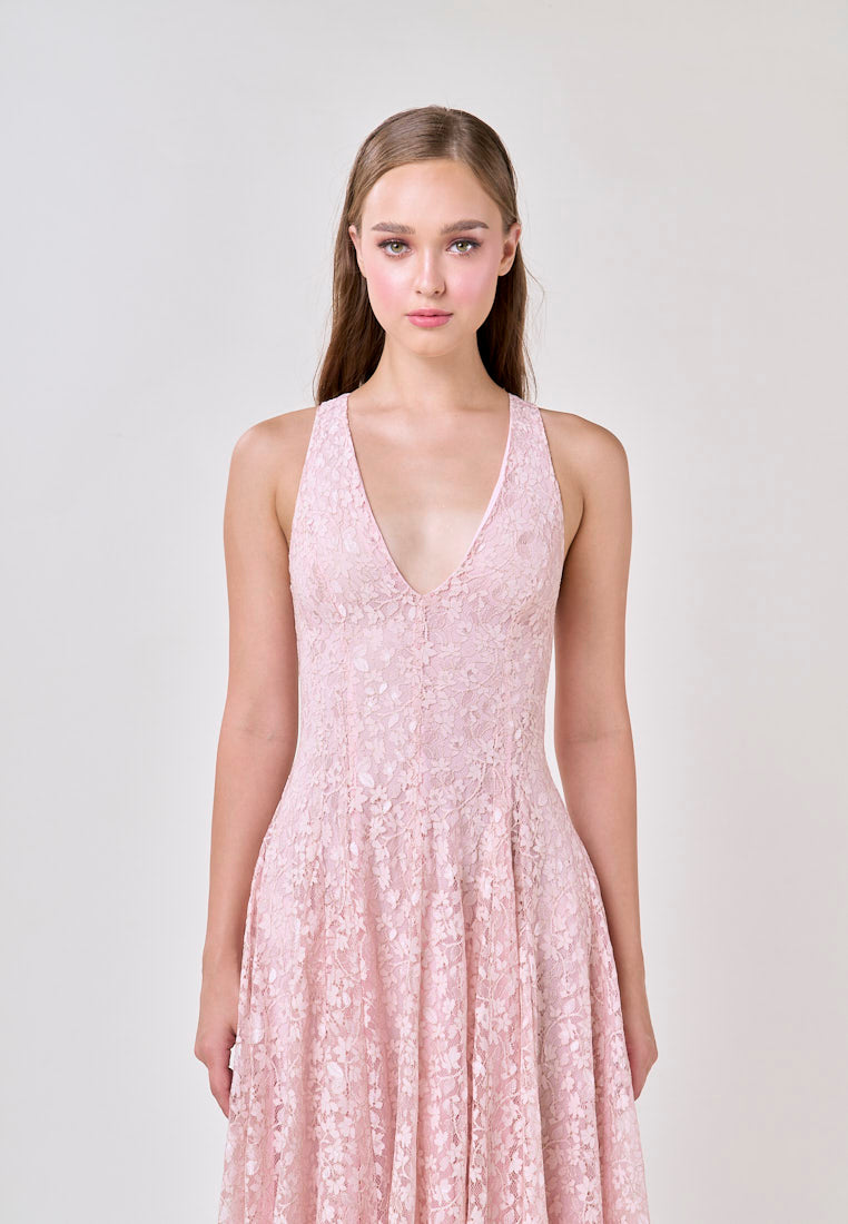 Heidi Soft Pink Deep V-Neck French Lace Maxi Dress