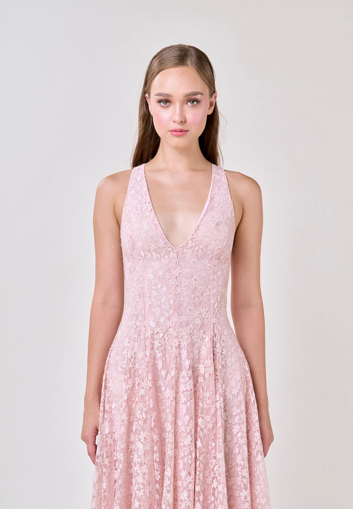 Heidi Soft Pink Deep V-Neck French Lace Maxi Dress