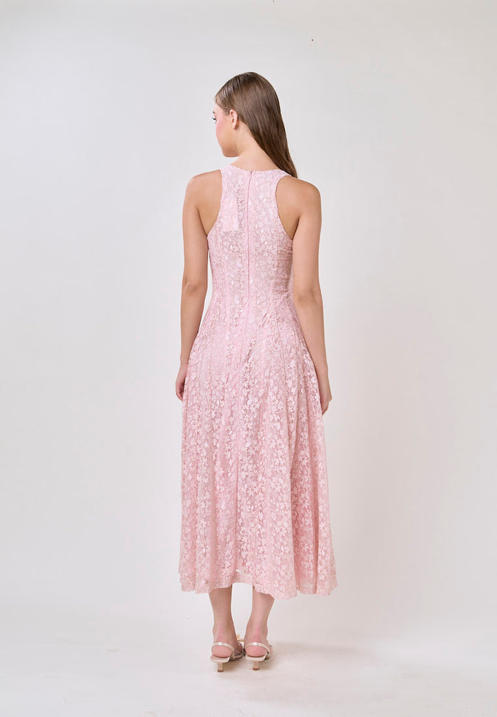 Heidi Soft Pink Deep V-Neck French Lace Maxi Dress
