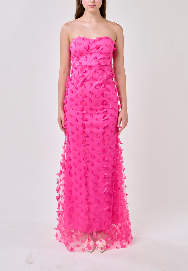 Callie Hot Pink Sweetheart Neck 3D Butterfly Tube Midi Dress