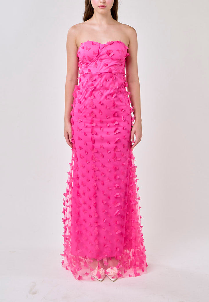 Callie Hot Pink Sweetheart Neck 3D Butterfly Tube Midi Dress