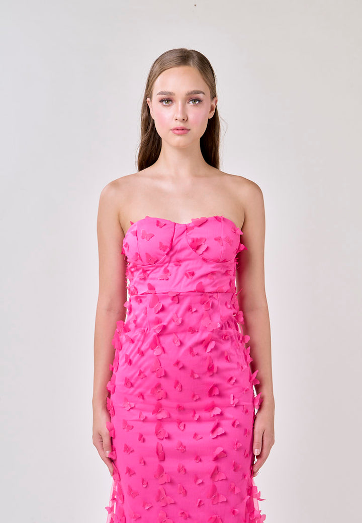 Callie Hot Pink Sweetheart Neck 3D Butterfly Tube Midi Dress
