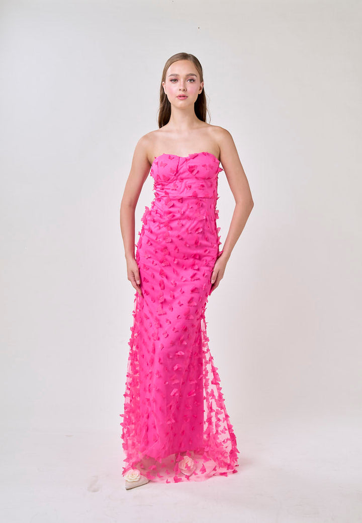Callie Hot Pink Sweetheart Neck 3D Butterfly Tube Midi Dress