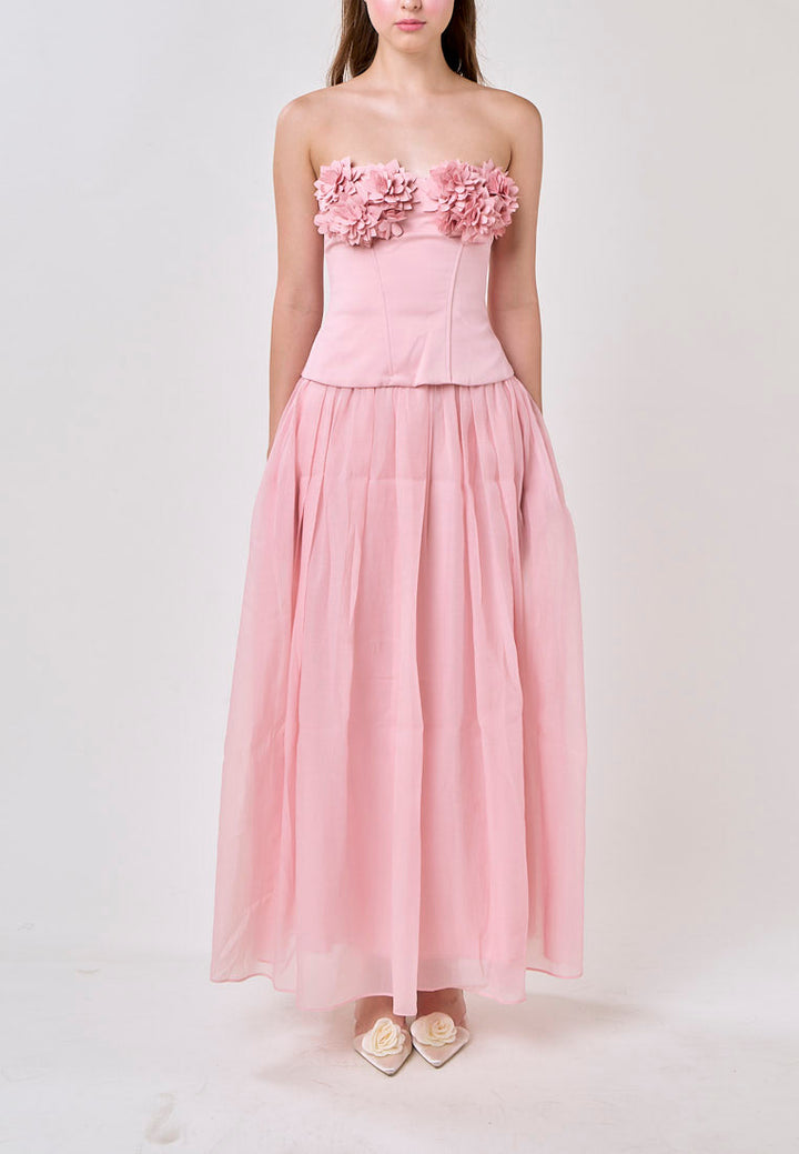Noelle Champagne Pink Tube Flower Top With Tulle Pleated Maxi Skirt  Set