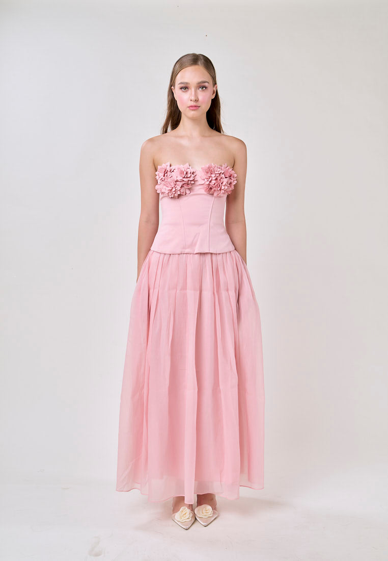 Noelle Champagne Pink Tube Flower Top With Tulle Pleated Maxi Skirt  Set