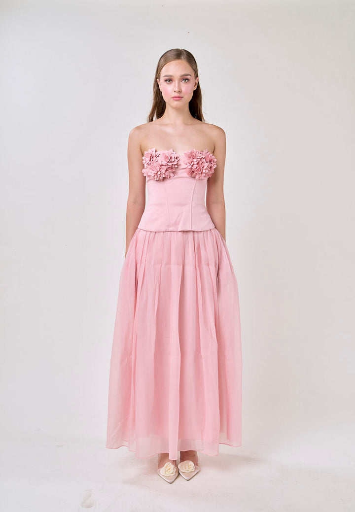Noelle Champagne Pink Tube Flower Top With Tulle Pleated Maxi Skirt  Set