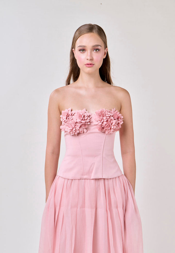 Noelle Champagne Pink Tube Flower Top With Tulle Pleated Maxi Skirt  Set