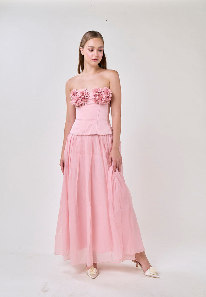Noelle Champagne Pink Tube Flower Top With Tulle Pleated Maxi Skirt  Set