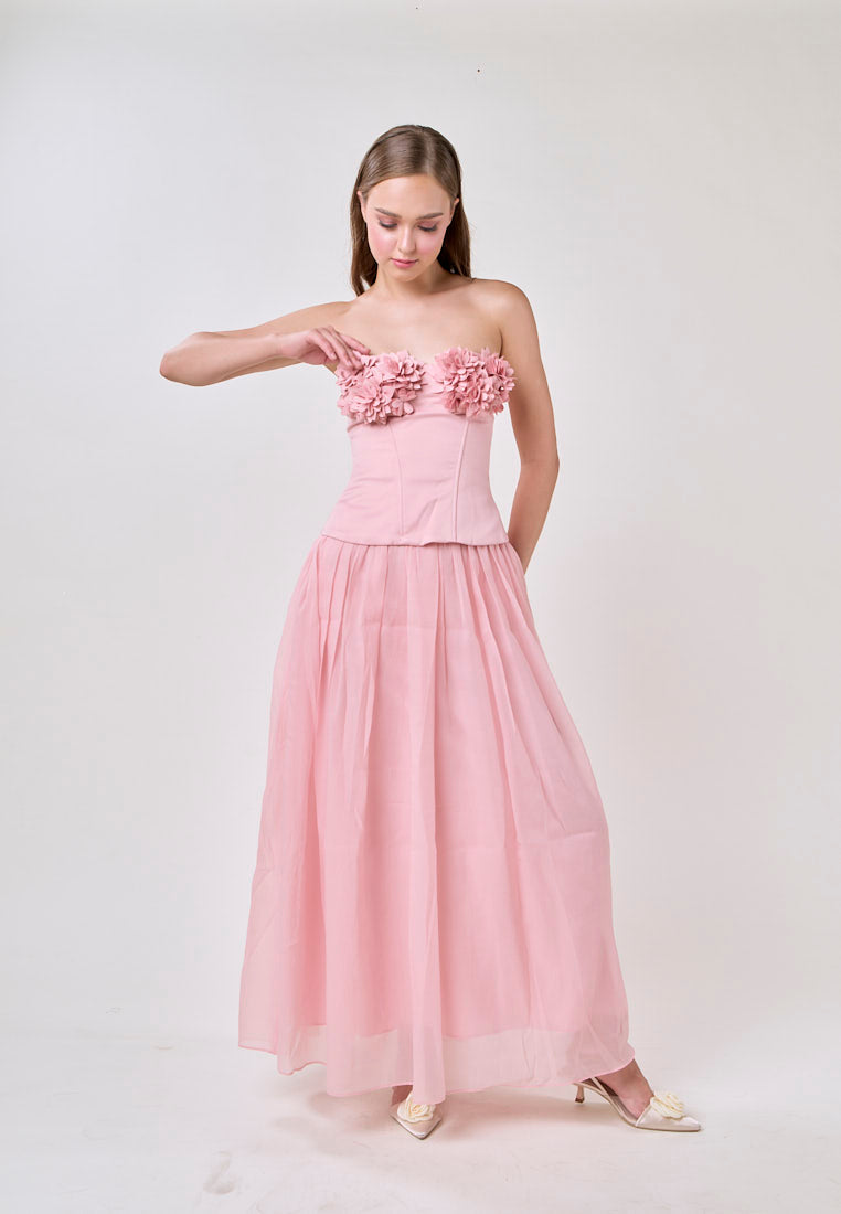 Noelle Champagne Pink Tube Flower Top With Tulle Pleated Maxi Skirt  Set