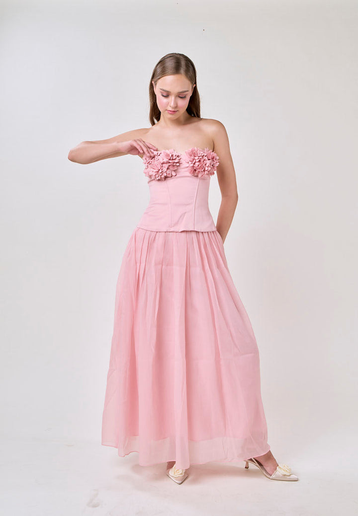 Noelle Champagne Pink Tube Flower Top With Tulle Pleated Maxi Skirt  Set
