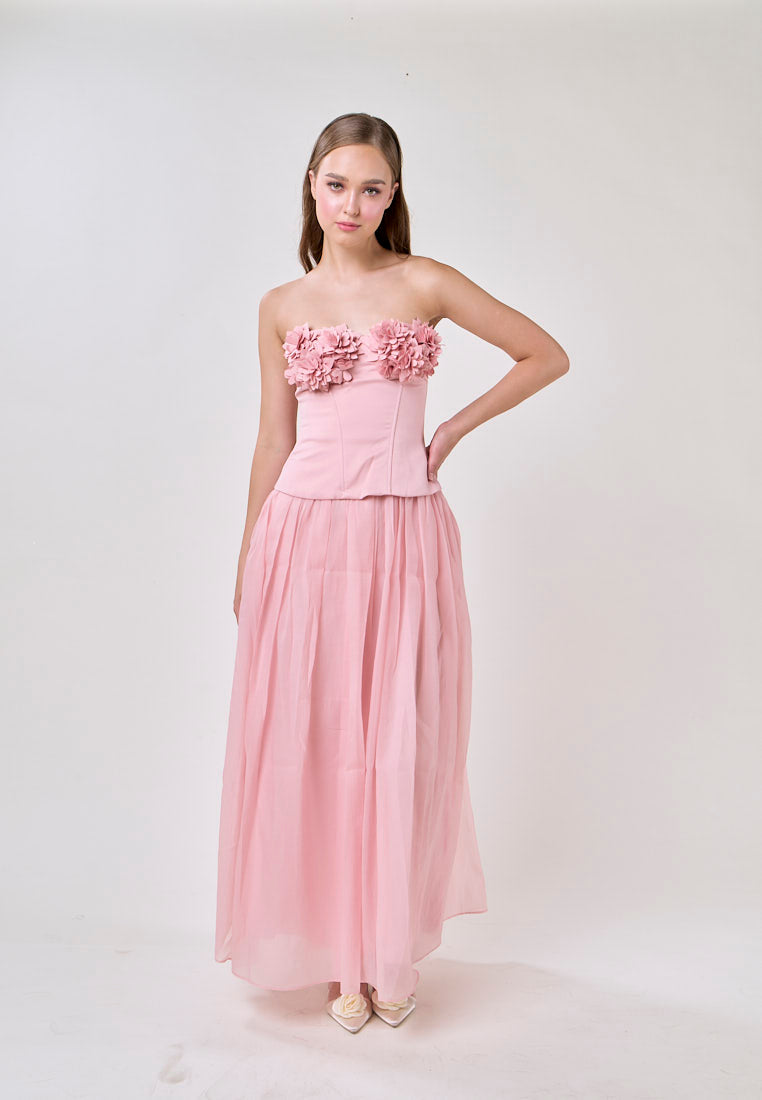 Noelle Champagne Pink Tube Flower Top With Tulle Pleated Maxi Skirt  Set