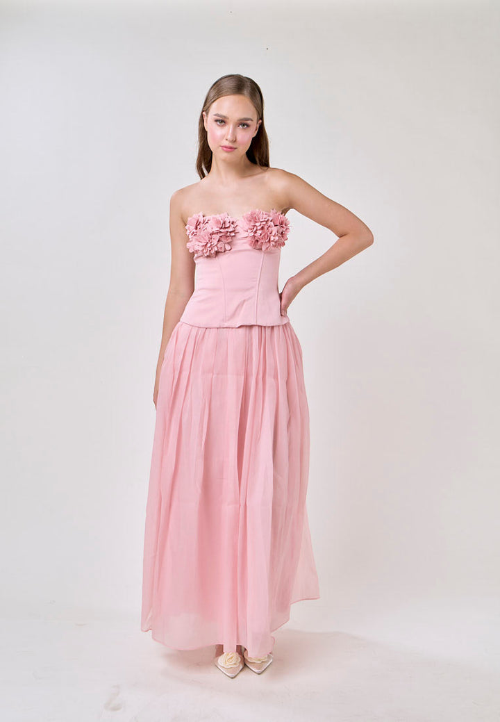 Noelle Champagne Pink Tube Flower Top With Tulle Pleated Maxi Skirt  Set