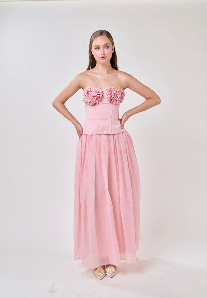 Noelle Champagne Pink Tube Flower Top With Tulle Pleated Maxi Skirt  Set