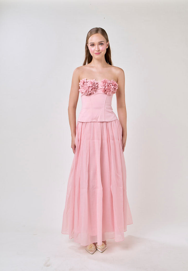 Noelle Champagne Pink Tube Flower Top With Tulle Pleated Maxi Skirt  Set