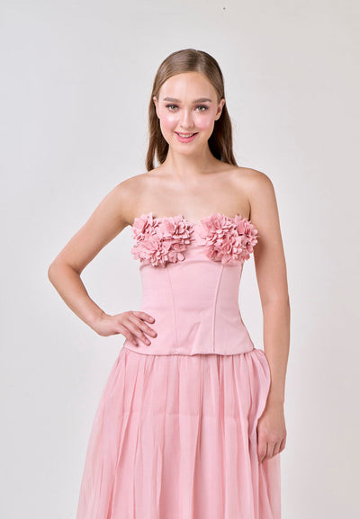 Noelle Champagne Pink Tube Flower Top With Tulle Pleated Maxi Skirt  Set