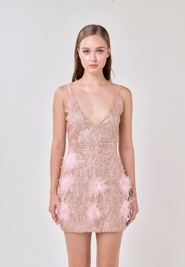 Cora Pink Deep V-Neck Sleeveless Feather Mini Dress