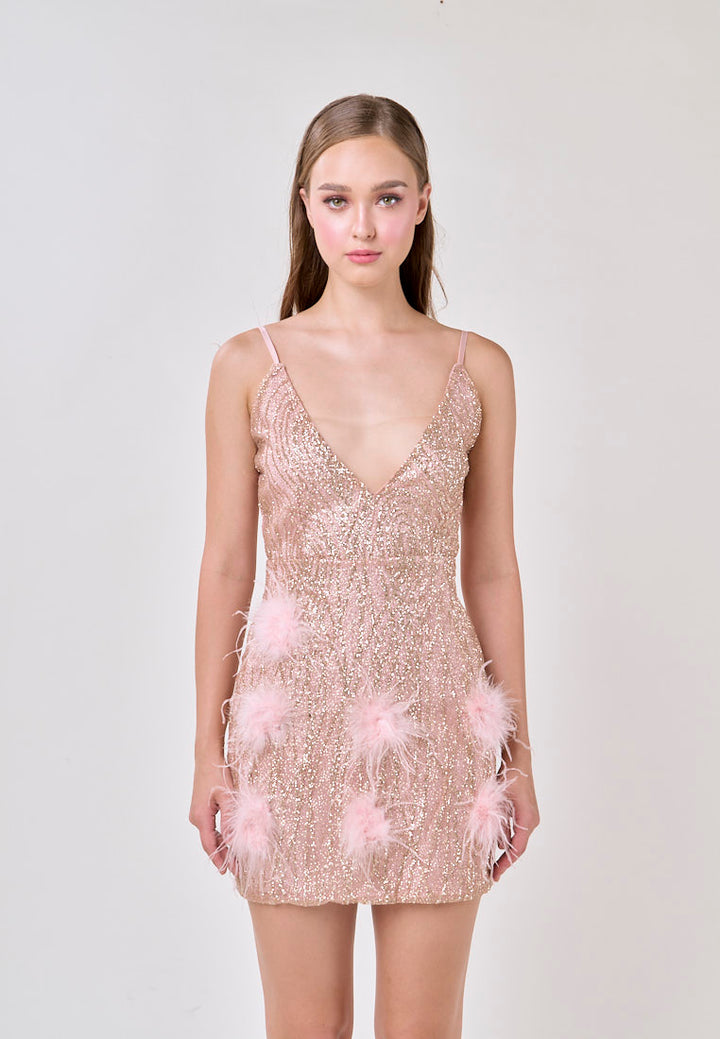 Cora Pink Deep V-Neck Sleeveless Feather Mini Dress