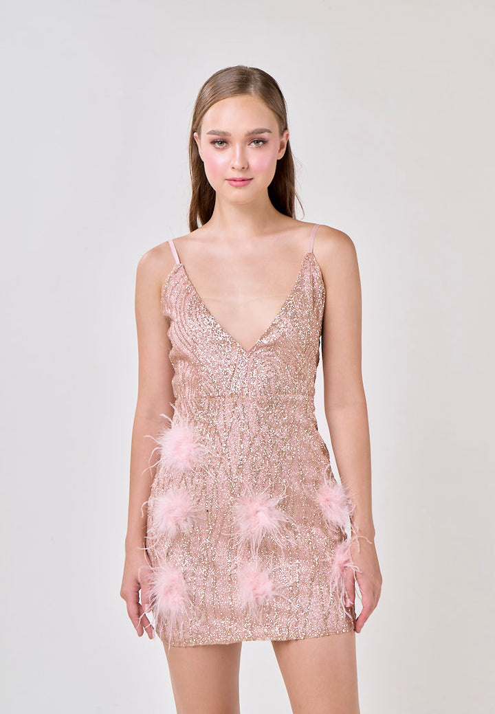 Cora Pink Deep V-Neck Sleeveless Feather Mini Dress