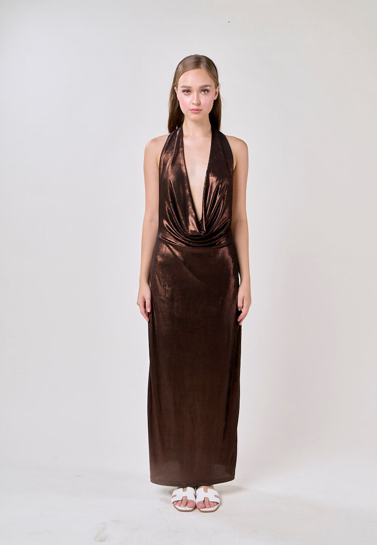 Doechii Bronze Cowl Neck Back Hollow Out Halter Midi Dress