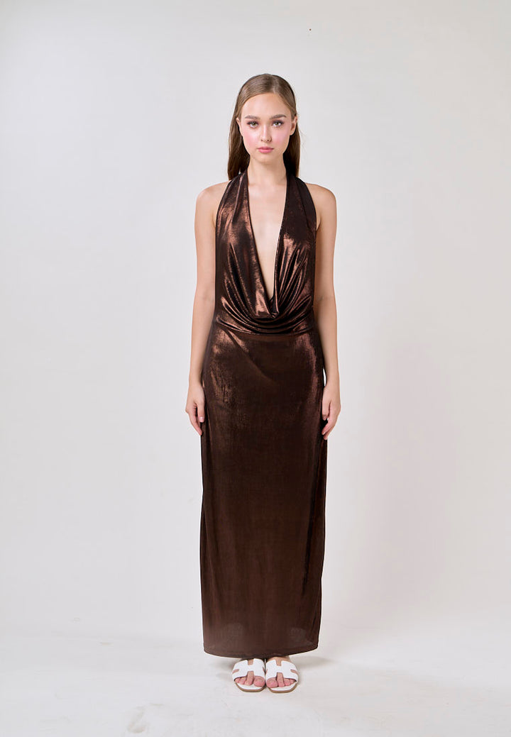 Doechii Bronze Cowl Neck Back Hollow Out Halter Midi Dress