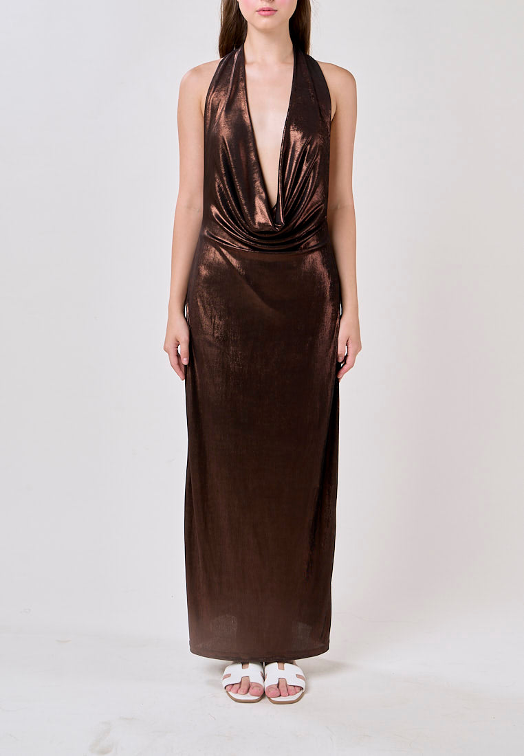 Doechii Bronze Cowl Neck Back Hollow Out Halter Midi Dress