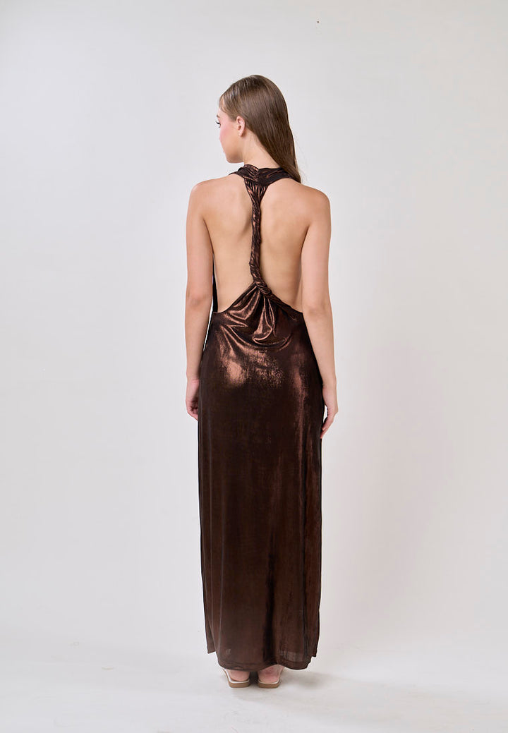 Doechii Bronze Cowl Neck Back Hollow Out Halter Midi Dress
