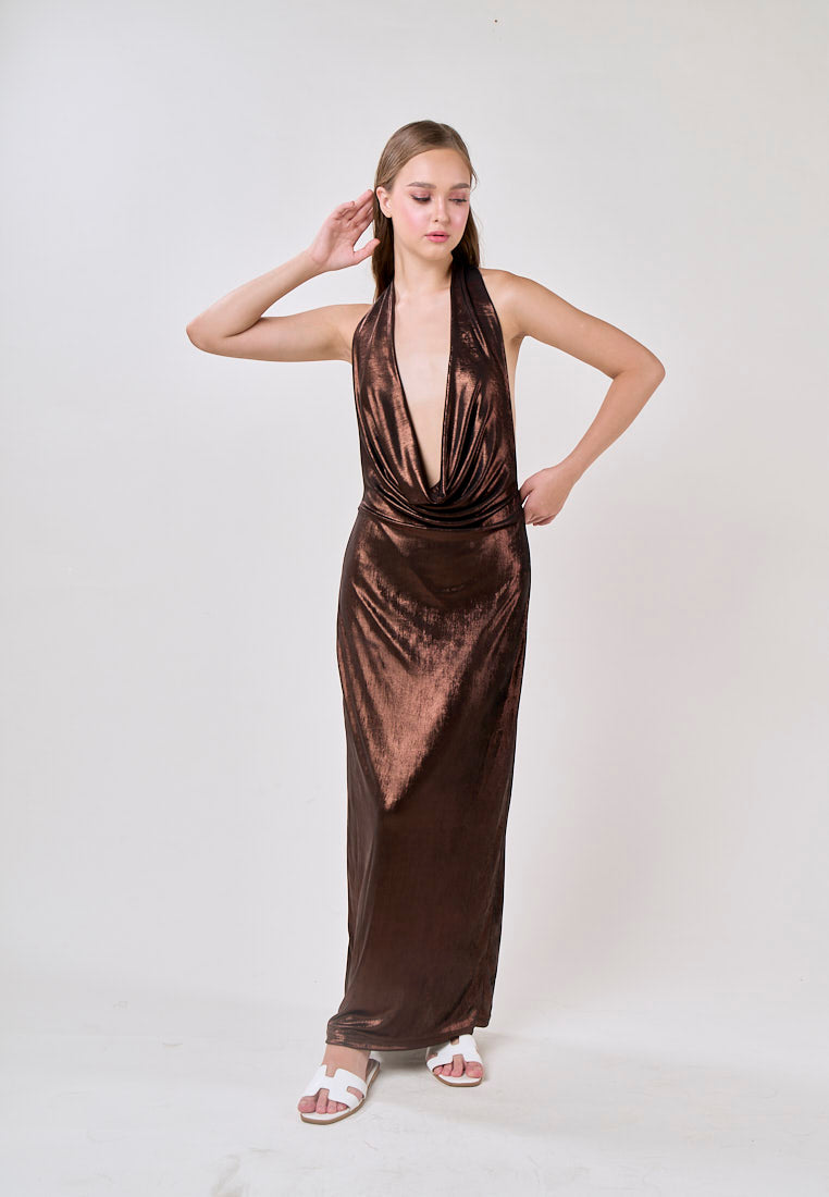 Doechii Bronze Cowl Neck Back Hollow Out Halter Midi Dress