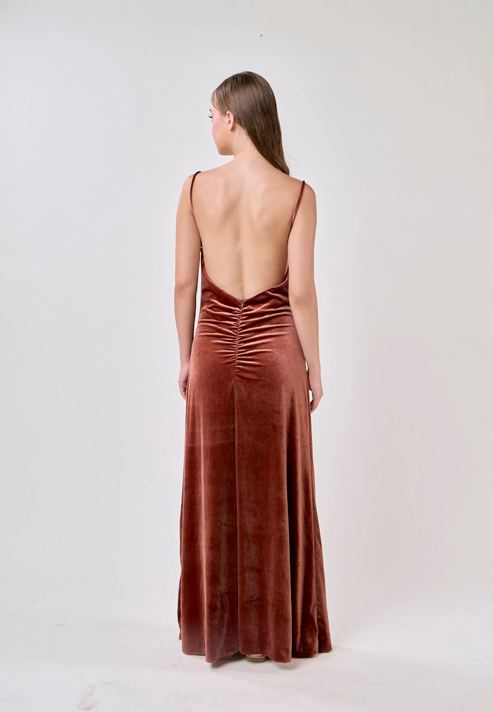 Jones Chestnut Pleated Backless Midi Dress