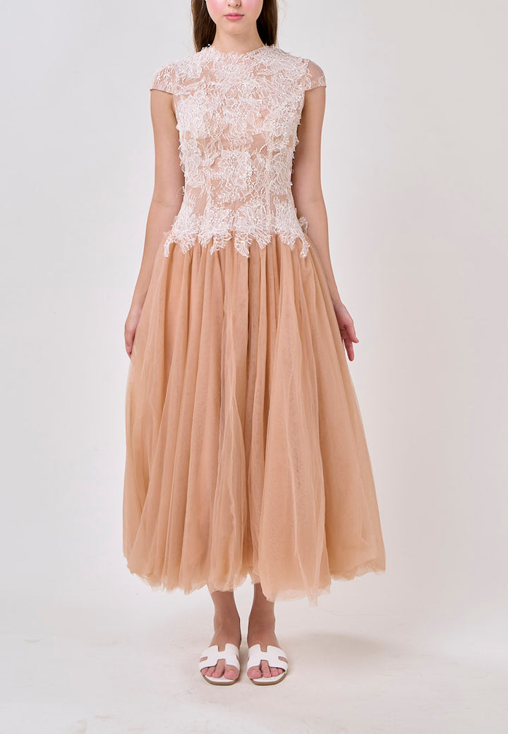Adhara Nude Round Neck Hollow Back Lace and Tulle Maxi Dress