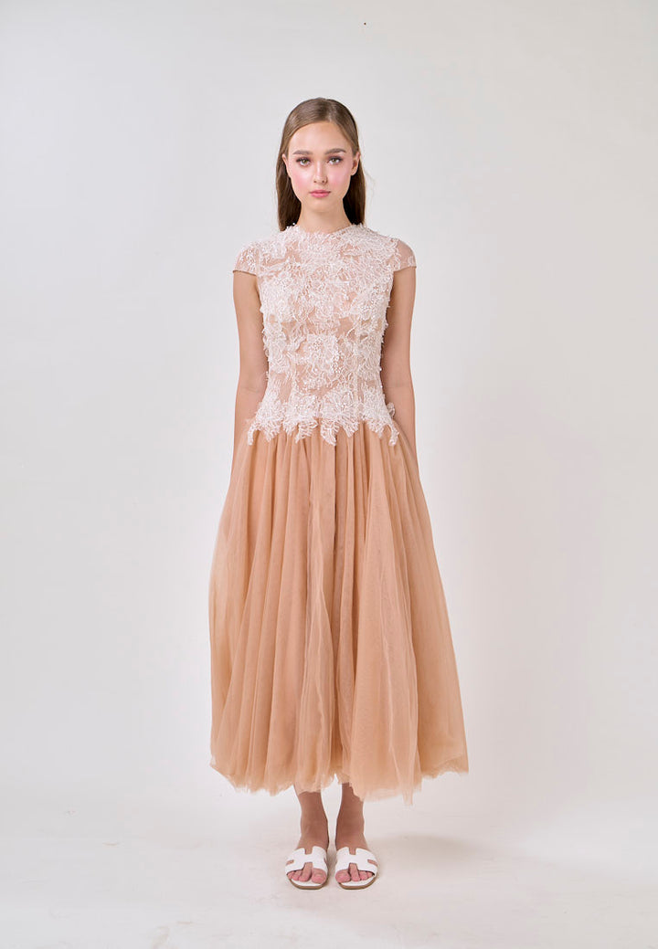 Adhara Nude Round Neck Hollow Back Lace and Tulle Maxi Dress