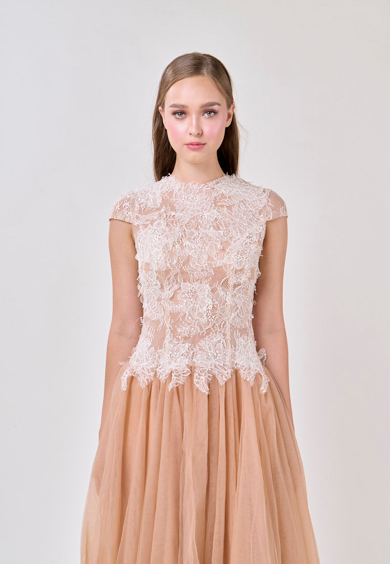 Adhara Nude Round Neck Hollow Back Lace and Tulle Maxi Dress