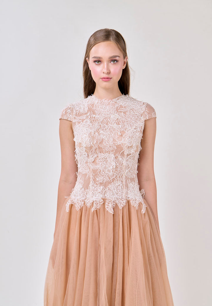 Adhara Nude Round Neck Hollow Back Lace and Tulle Maxi Dress