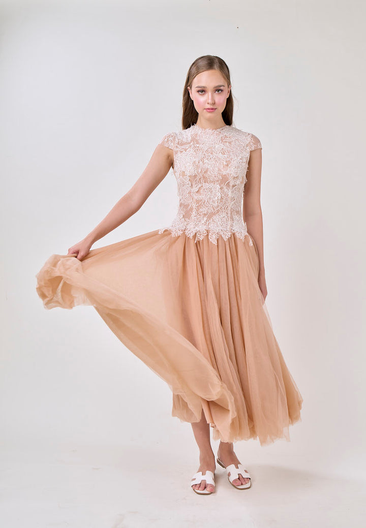 Adhara Nude Round Neck Hollow Back Lace and Tulle Maxi Dress