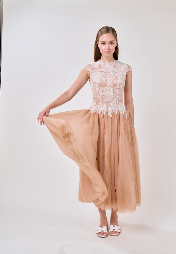 Adhara Nude Round Neck Hollow Back Lace and Tulle Maxi Dress