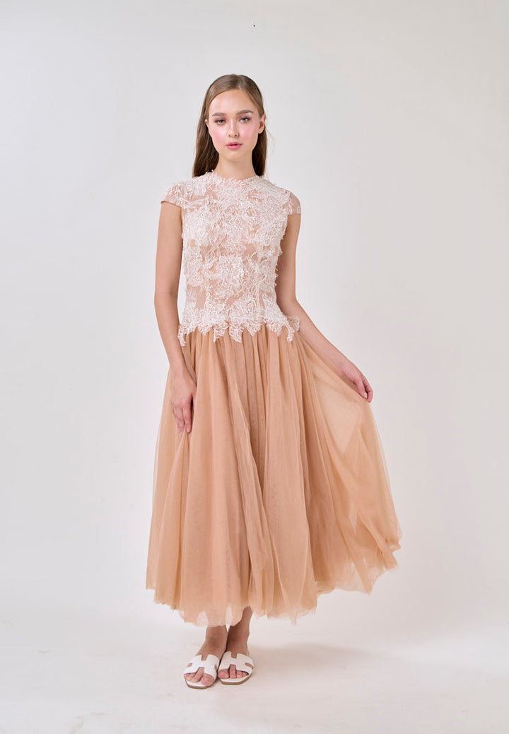 Adhara Nude Round Neck Hollow Back Lace and Tulle Maxi Dress