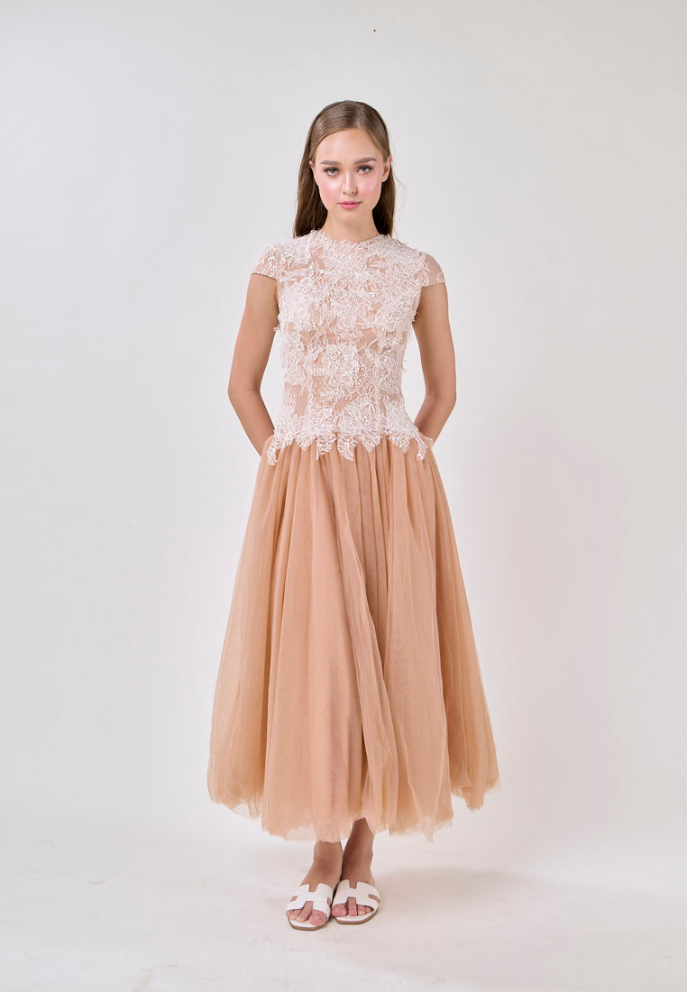 Adhara Nude Round Neck Hollow Back Lace and Tulle Maxi Dress